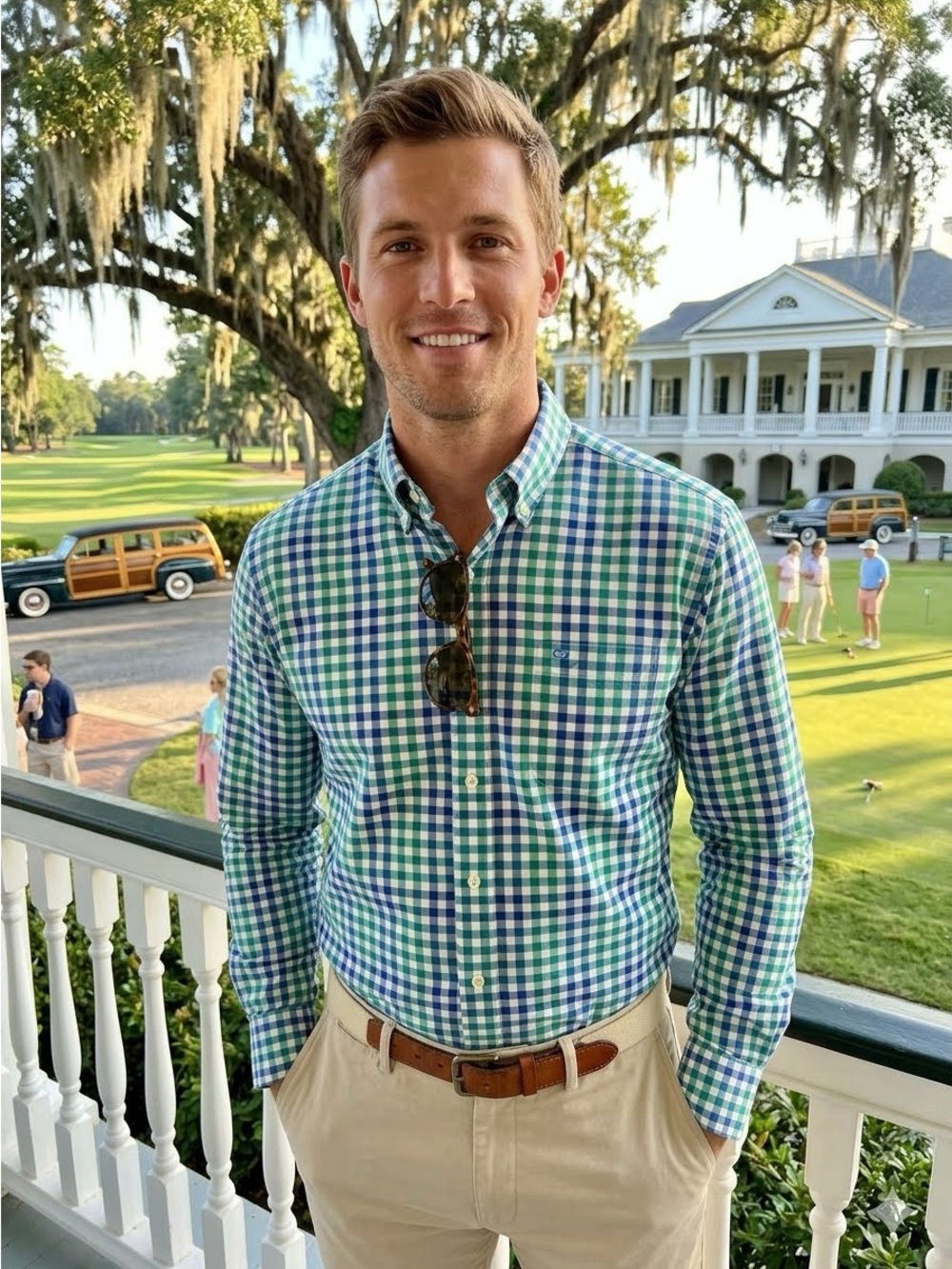 Southern Tide Blue and Green Plaid Classic Fit Mens Button Down